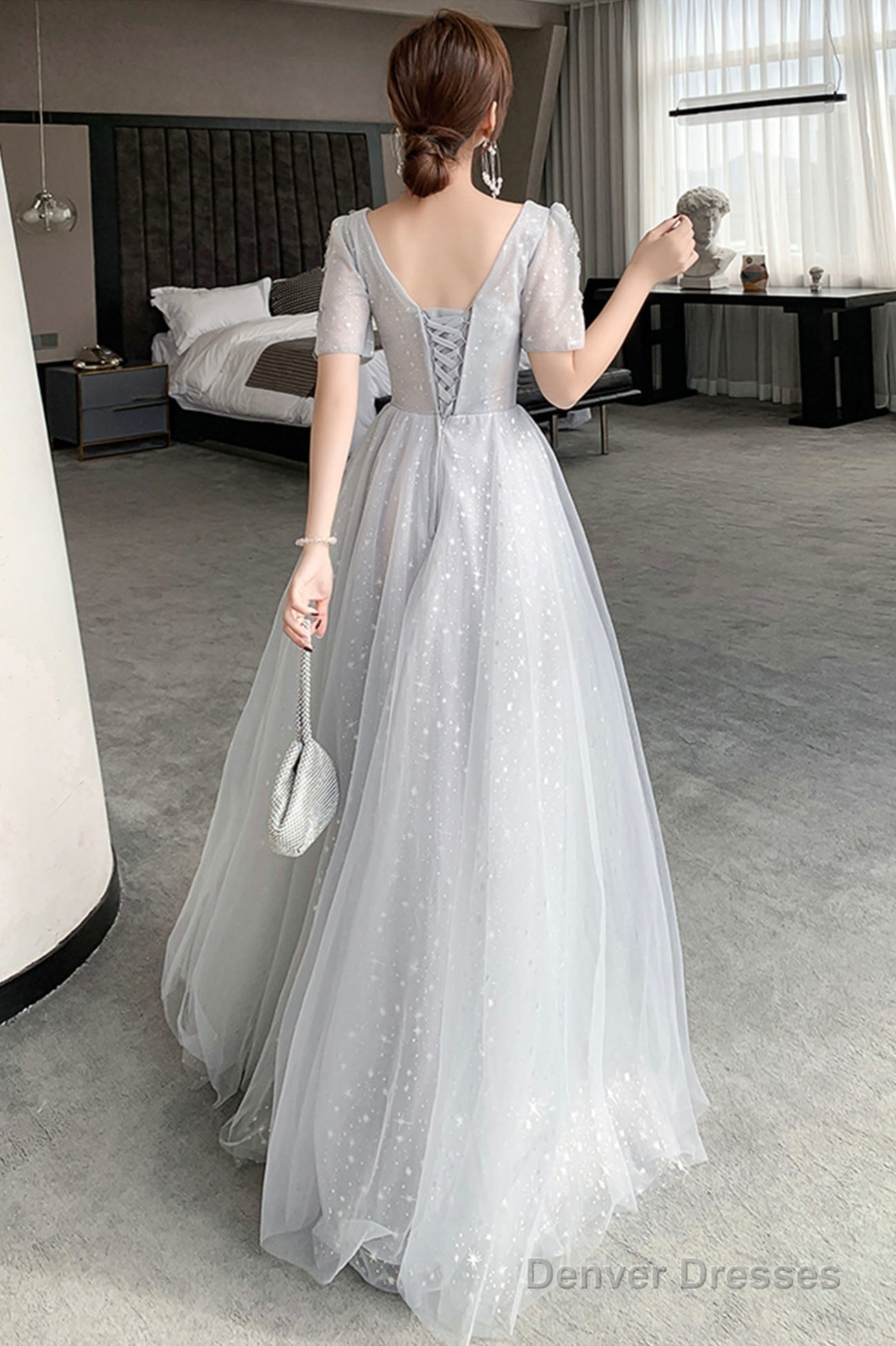 Gray Tulle Lace Long Prom Dresses, A-Line Evening Dresses