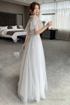 Gray Tulle Lace Long Prom Dresses, A-Line Evening Dresses