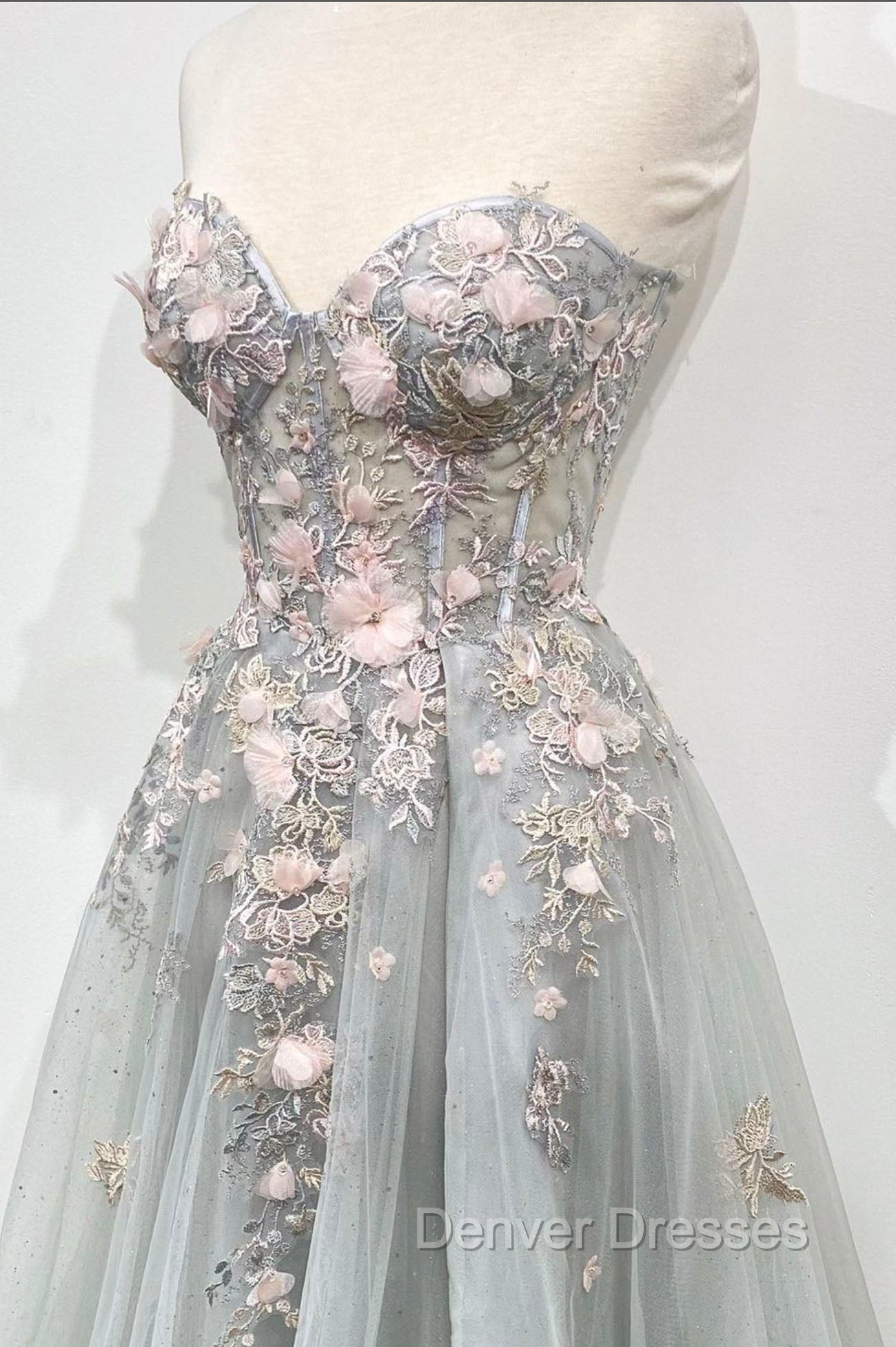 Gray Tulle Lace Long Strapless Prom Dress, A-Line Formal Evening Dress Secondary image