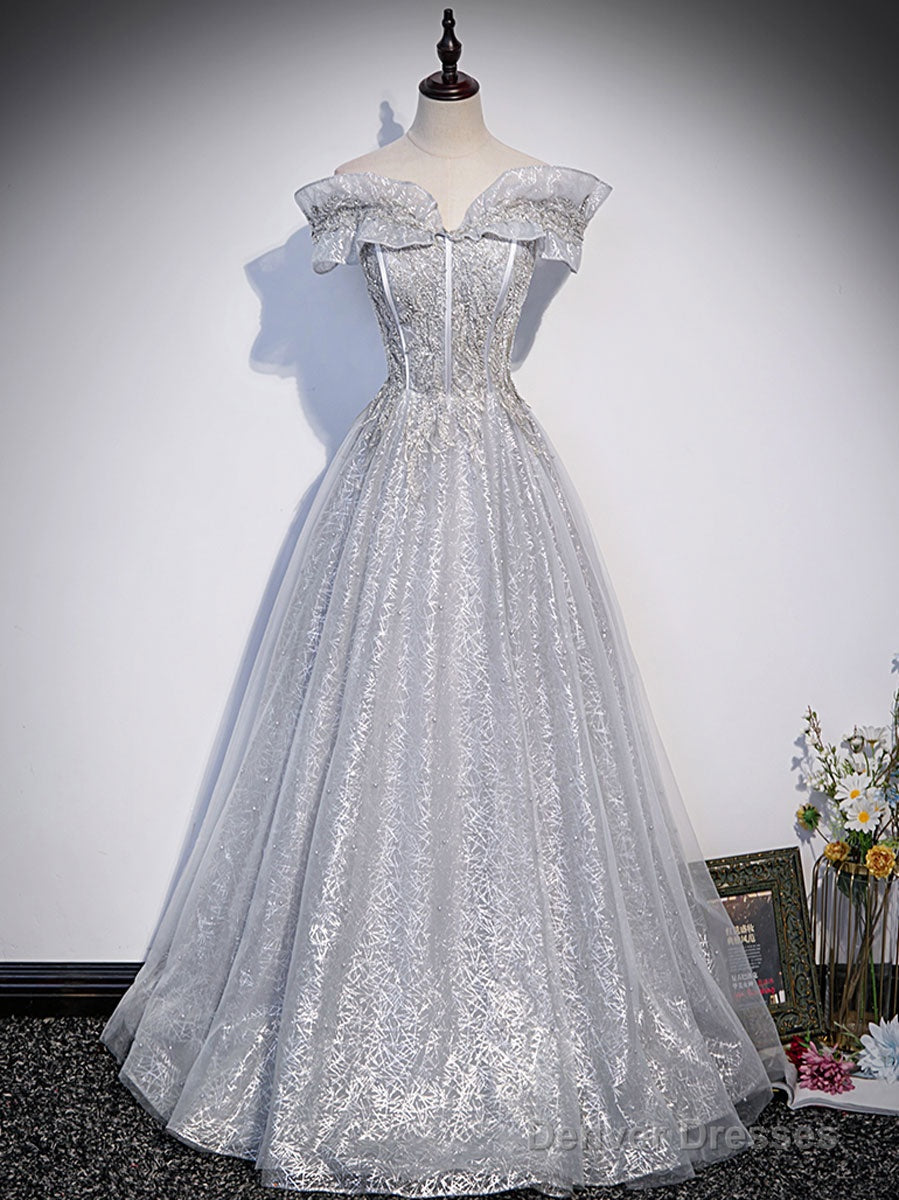 Gray Tulle Lace Sequin Long Prom Dress, Gray Tulle Formal Dress