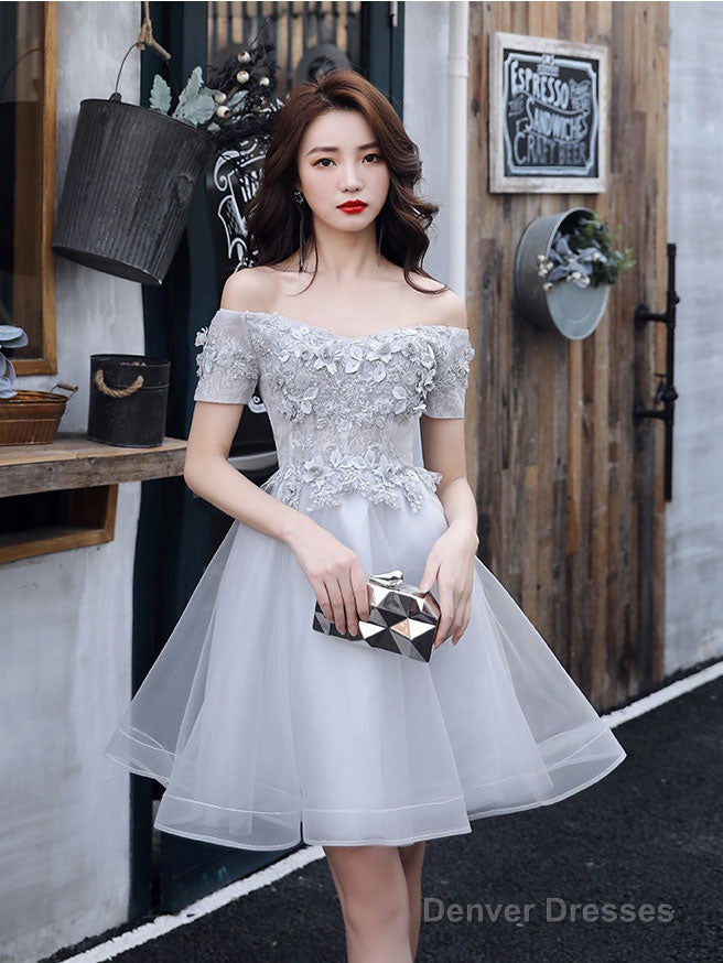 Gray Tulle Lace Short Prom Dress Gray Lace Homecoming Dress Main image