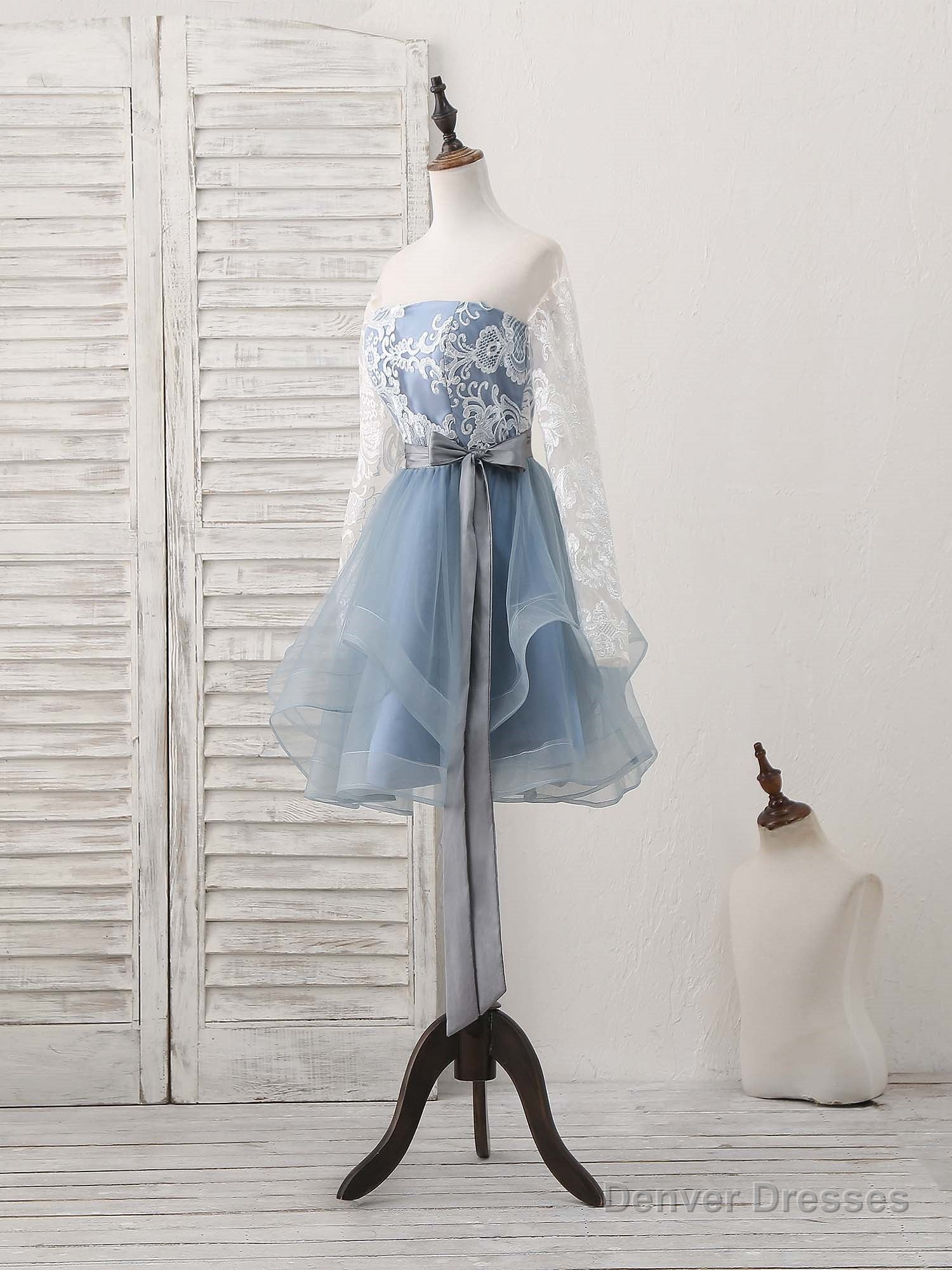 Gray Tulle Lace Short Prom Dress, Gray Tulle Prom Dress Main image