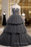 Gray Tulle Lace Spaghetti Straps Prom Dress