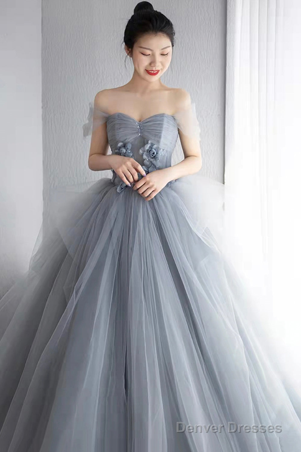 Gray Tulle Layers Long Prom Dress, A-Line Strapless Formal Evening Dress Secondary image