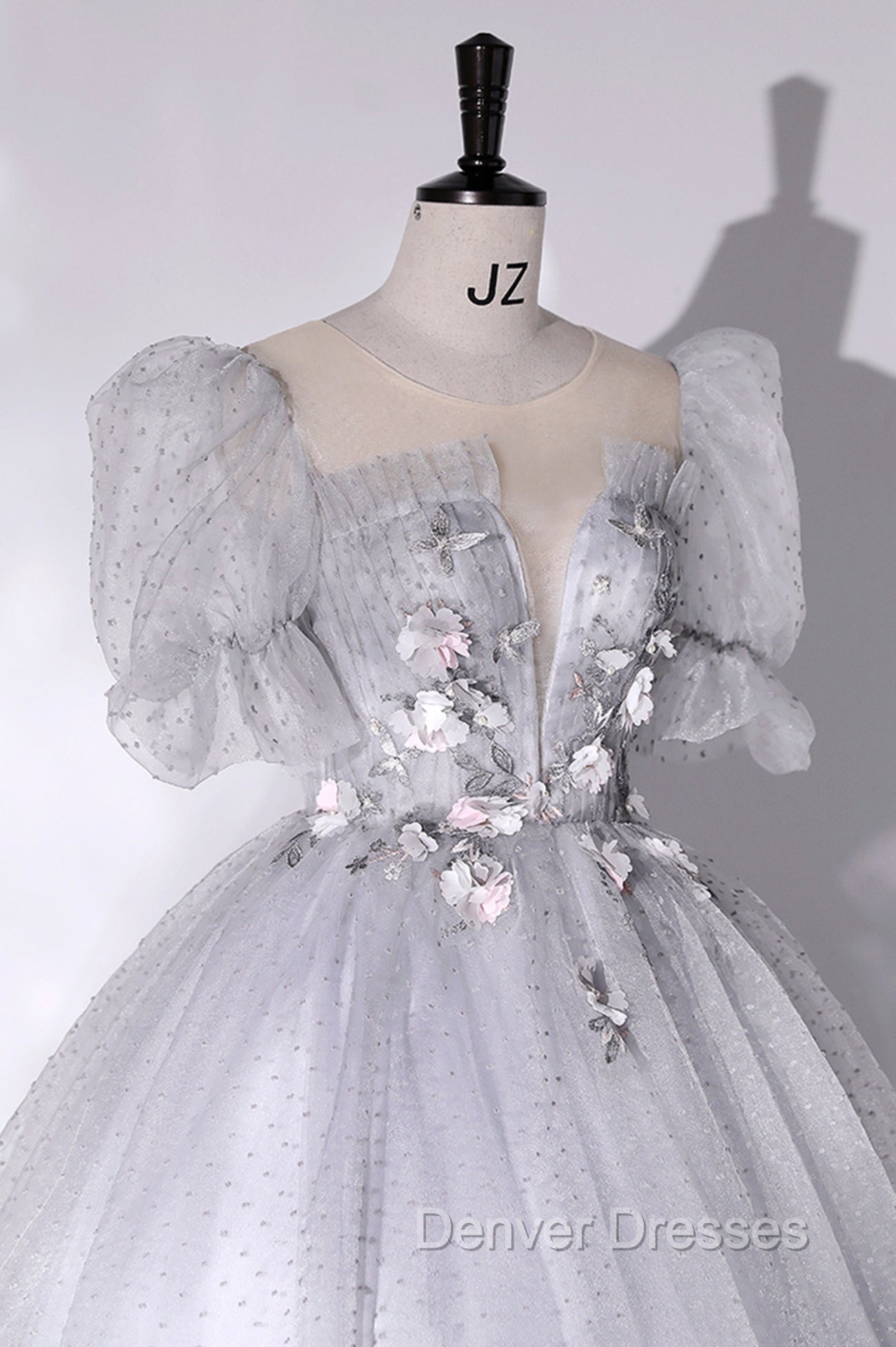 Gray Tulle Long A-Line Ball Gown, Gray Short Sleeve Evening Gown Secondary image