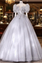 Gray Tulle Long A-Line Ball Gown, Gray Short Sleeve Evening Gown