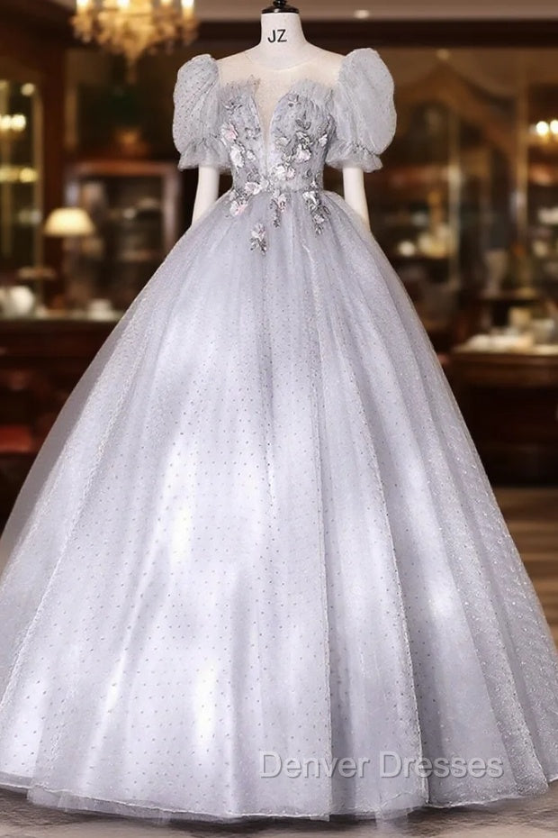 Gray Tulle Long A-Line Ball Gown, Gray Short Sleeve Evening Gown