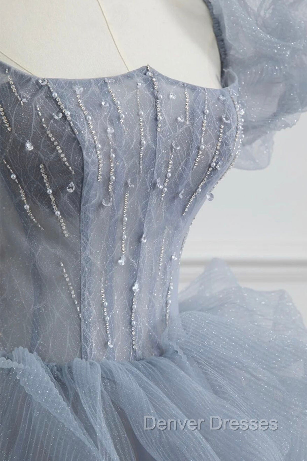 Gray Tulle Long A-Line Prom Dress, Gray Short Sleeve Evening Dress