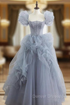 Gray Tulle Long A-Line Prom Dress, Gray Short Sleeve Evening Dress