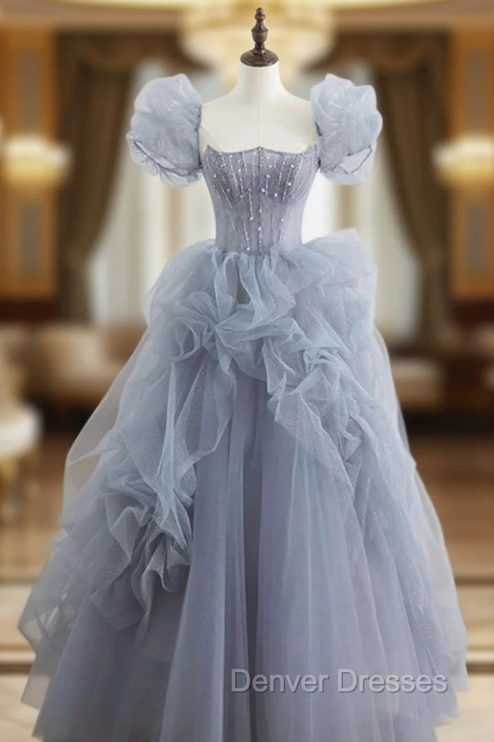Gray Tulle Long A-Line Prom Dress, Gray Short Sleeve Evening Dress