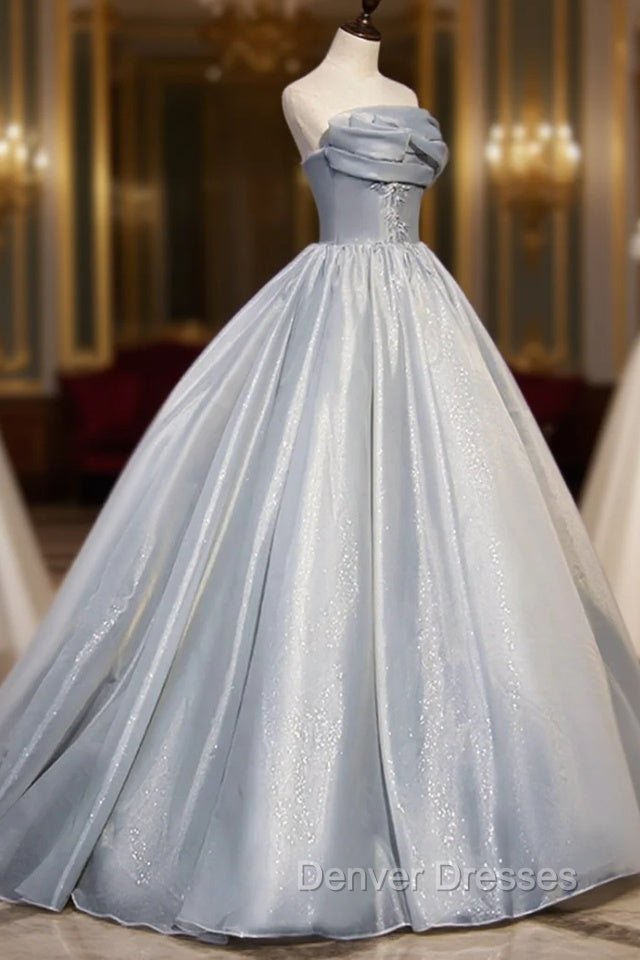 Gray Tulle Long A-Line Prom Dress, Gray Strapless Formal Evening Gown