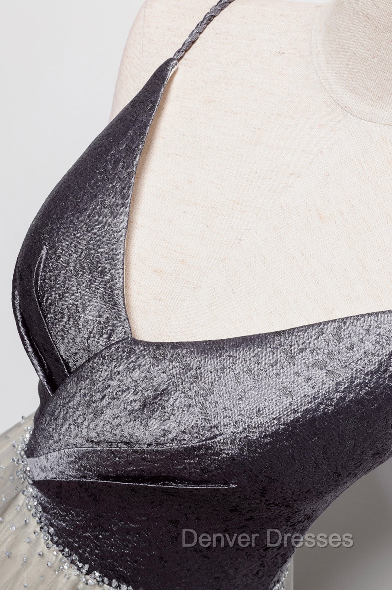 Gray Tulle Long A-Line Prom Dress, V-Neck Spaghetti Straps Evening Dress Secondary image