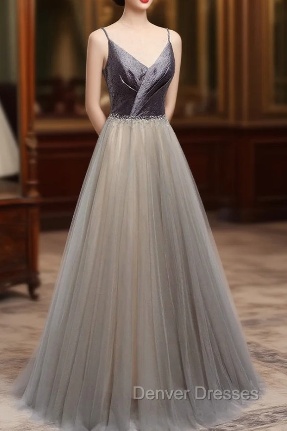 Gray Tulle Long A-Line Prom Dress, V-Neck Spaghetti Straps Evening Dress