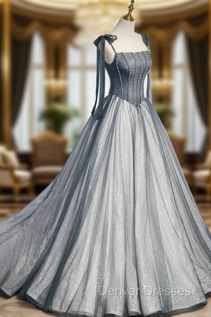 Gray Tulle Long A-Line Prom Dress with Beaded, Spaghetti Straps Gray Evening Dress
