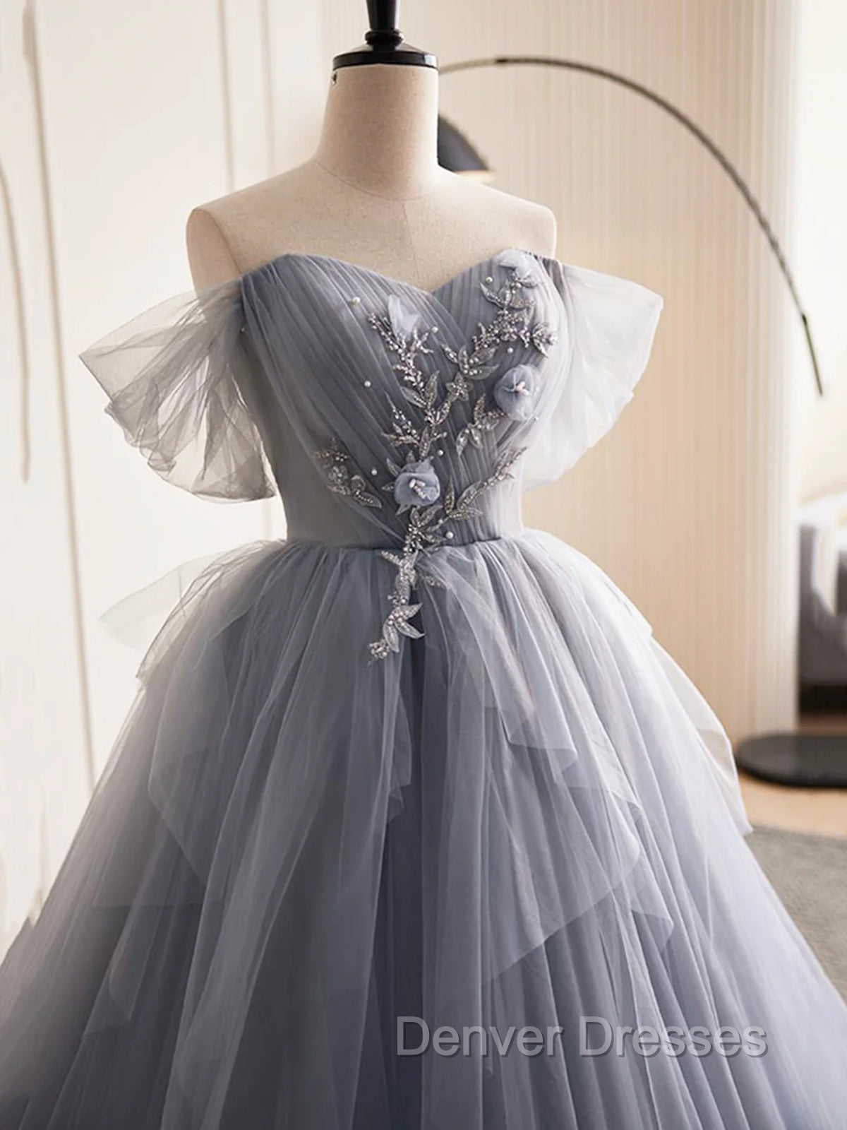 Gray Tulle Long Floral Prom Dress, Gray Tulle Long Lace Formal Evening Dress