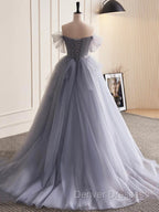 Gray Tulle Long Floral Prom Dress, Gray Tulle Long Lace Formal Evening Dress