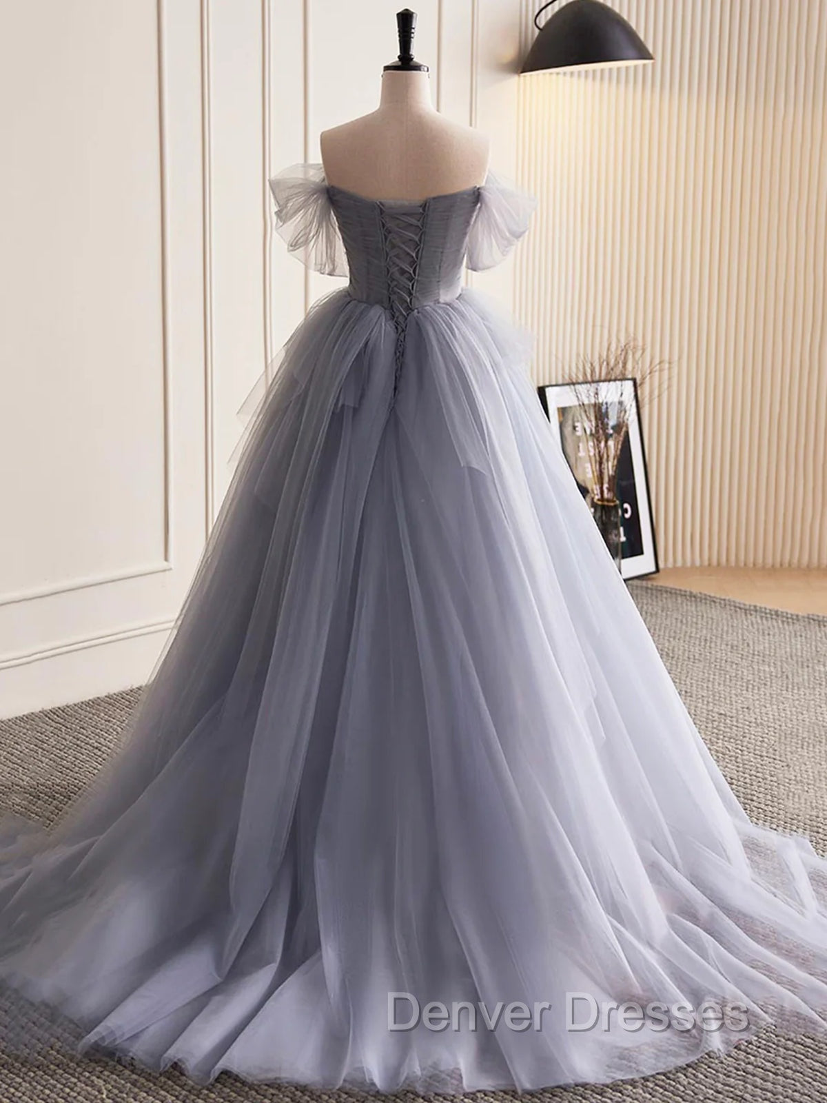 Gray Tulle Long Floral Prom Dress, Gray Tulle Long Lace Formal Evening Dress