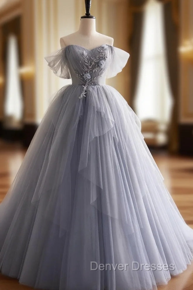 Gray Tulle Long Floral Prom Dress, Gray Tulle Long Lace Formal Evening Dress