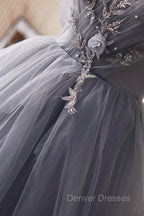 Gray Tulle Long Prom Dress, Off Shoulder Evening Dress Party Dress