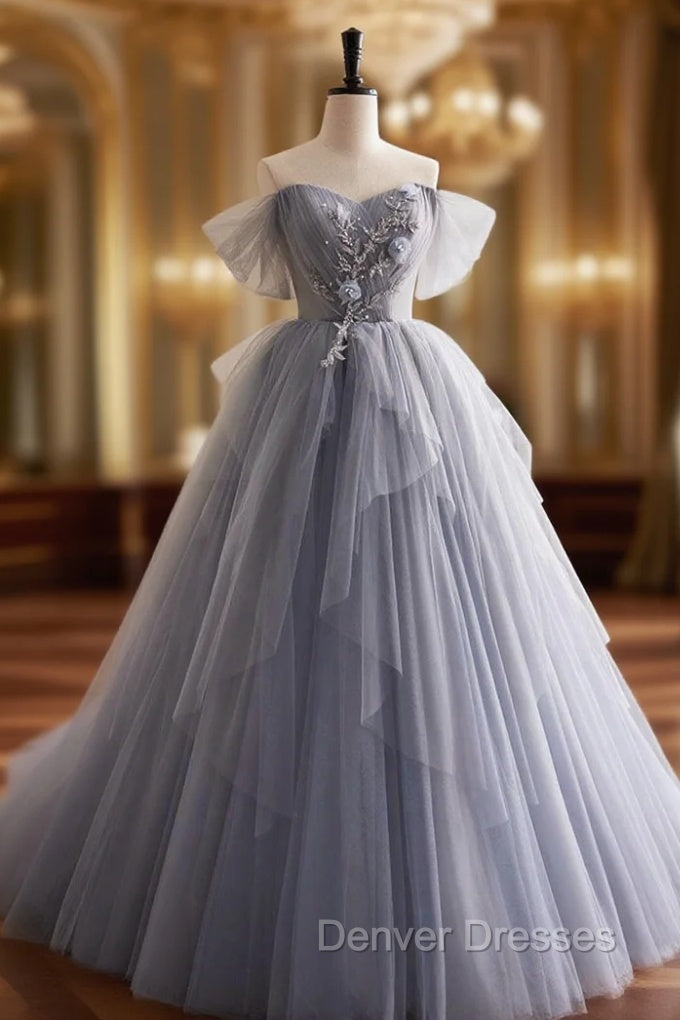 Gray Tulle Long Prom Dress, Off Shoulder Evening Dress Party Dress Main image