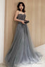 Gray Tulle Long Prom Dress With Sequins, Spaghetti Straps Evening Party Dress