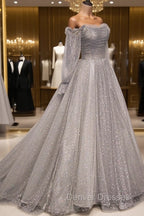 Gray Tulle Long Sleeve A-Line Prom Dress, Spaghetti Straps Formal Evening Dress