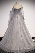 Gray Tulle Long Sleeve A-Line Prom Dress, Spaghetti Straps Formal Evening Dress