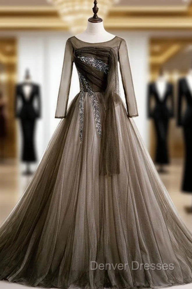 Gray Tulle Long Sleeve Pleats Beading Prom Dress Main image