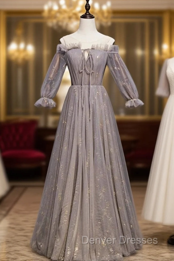 Gray Tulle Long Sleeve Pleats Cold Shoulder Prom Dress Main image