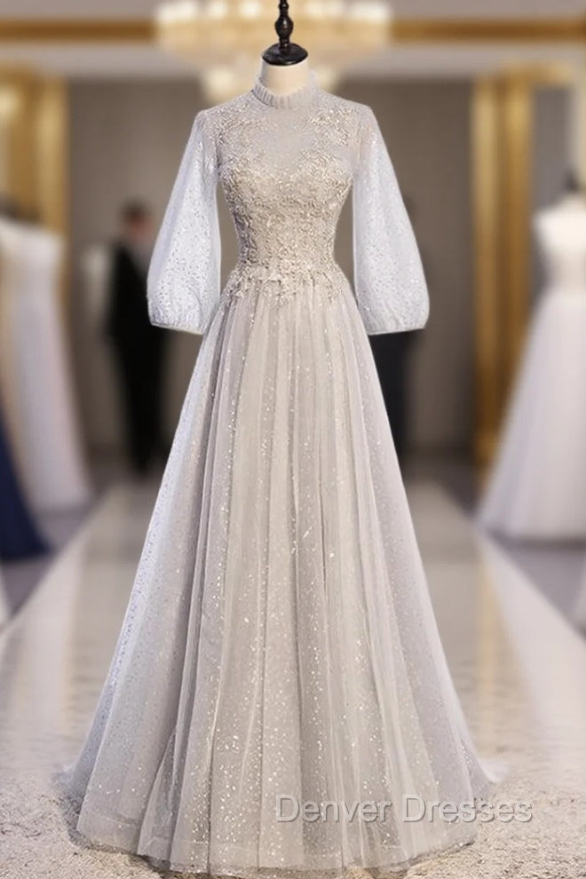 Gray Tulle Long Sleeve Sequins Beading Prom Dress