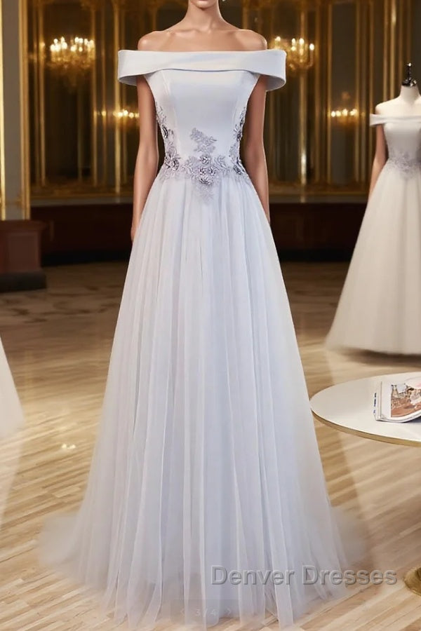 Gray tulle off shoulder lace long prom Dress gray tulle formal Dress Main image