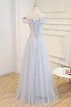 Gray tulle off shoulder lace long prom Dress gray tulle formal Dress