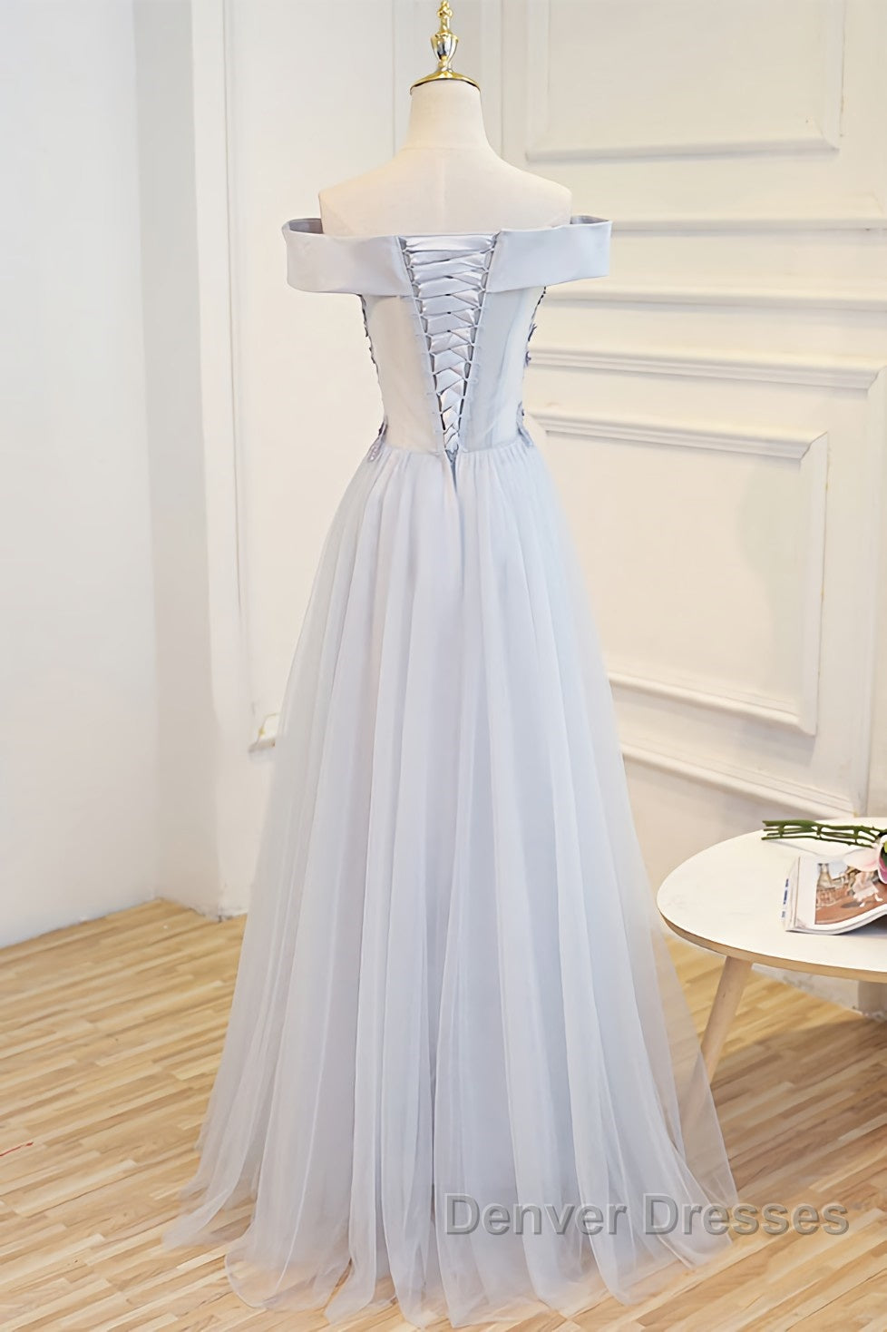Gray tulle off shoulder lace long prom Dress gray tulle formal Dress
