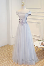 Gray tulle off shoulder lace long prom Dress gray tulle formal Dress