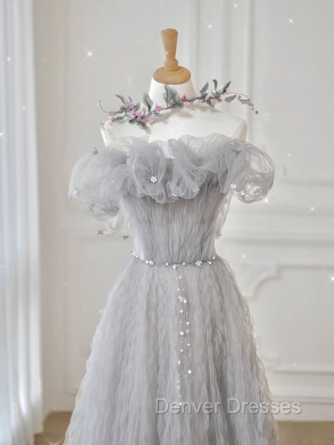 Gray Tulle Off Shoulder Long Prom Dress, Gray Evening Dress