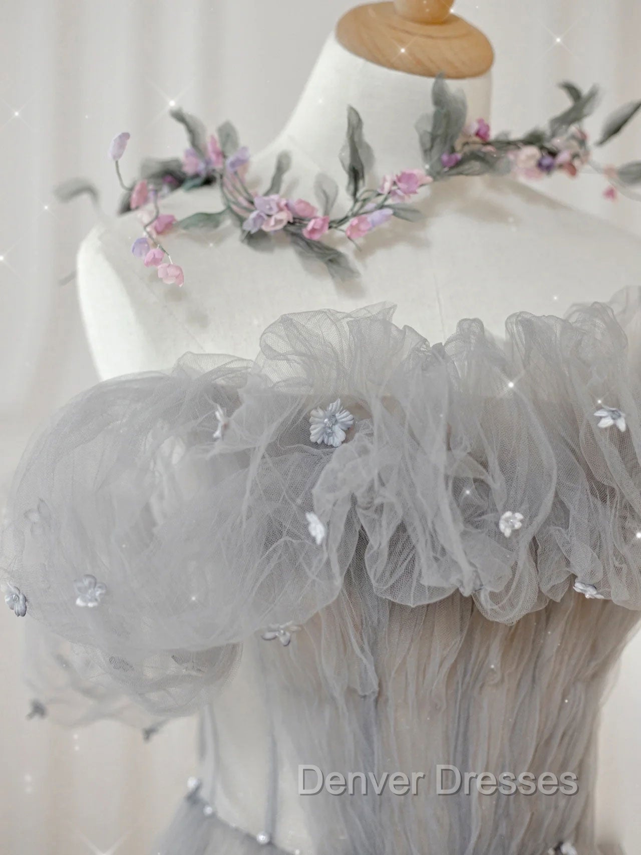 Gray Tulle Off Shoulder Long Prom Dress, Gray Evening Dress