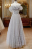 Gray Tulle Off Shoulder Long Prom Dress, Gray Evening Dress