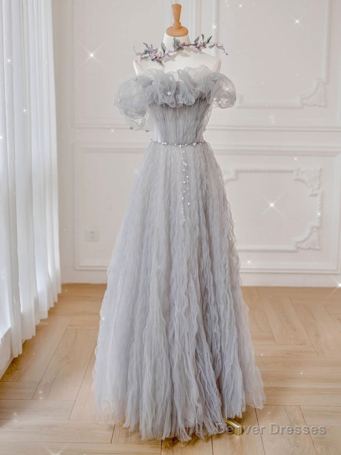 Gray tulle off shoulder long prom dress, gray tulle formal dress Main image