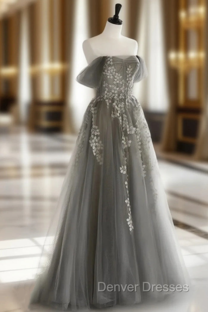 Gray Tulle Off the Shoulder Appliques Prom Dress