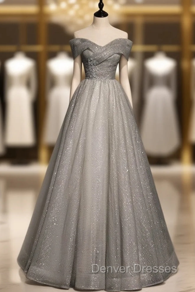 Gray Tulle Off the Shoulder Beading Formal Prom Dress Main image