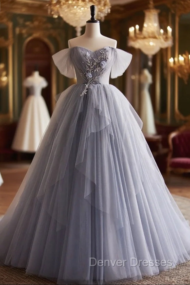 Gray Tulle Off the Shoulder Beading Off the Shoulder Prom Dress