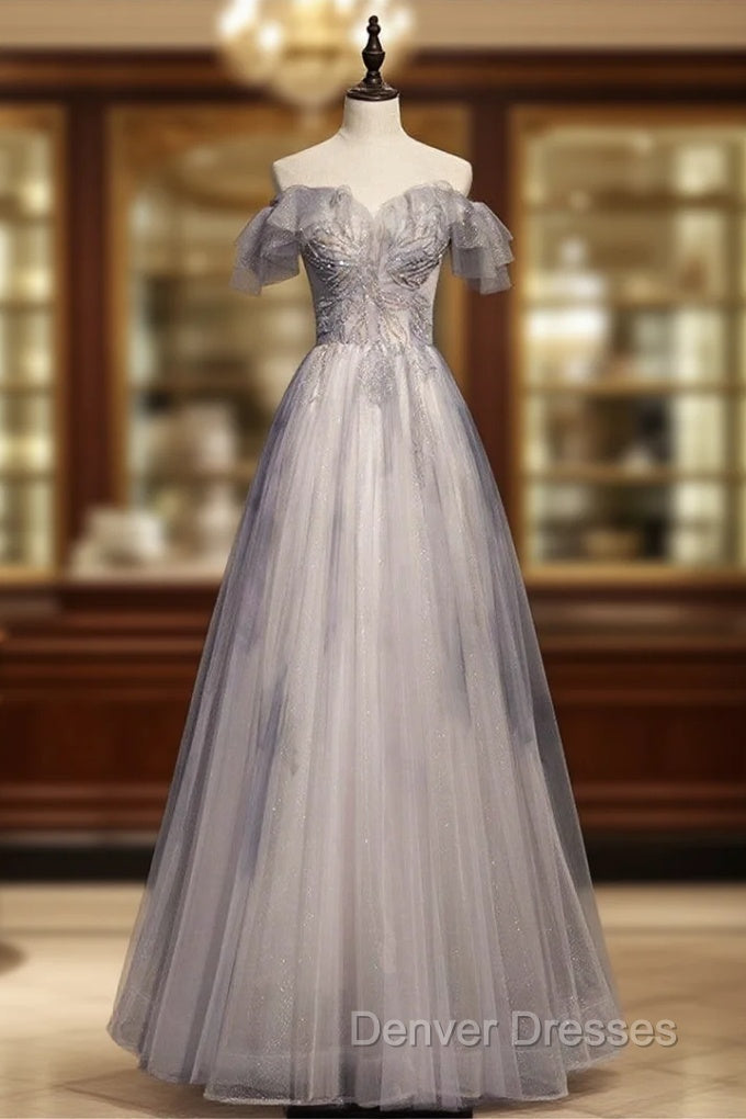 Gray Tulle Off the Shoulder Beading Prom Dress Main image