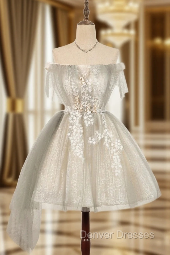 Gray Tulle Off the Shoulder Homecoming Dress