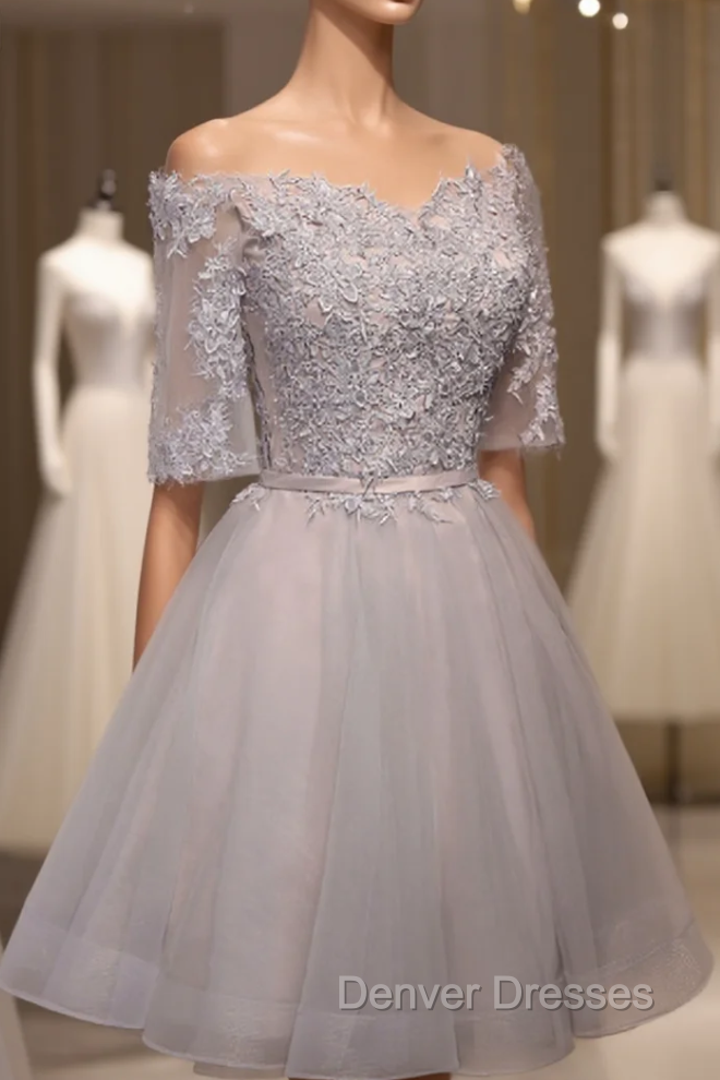 Gray Tulle Off The Shoulder Lace Homecoming Dress Main image