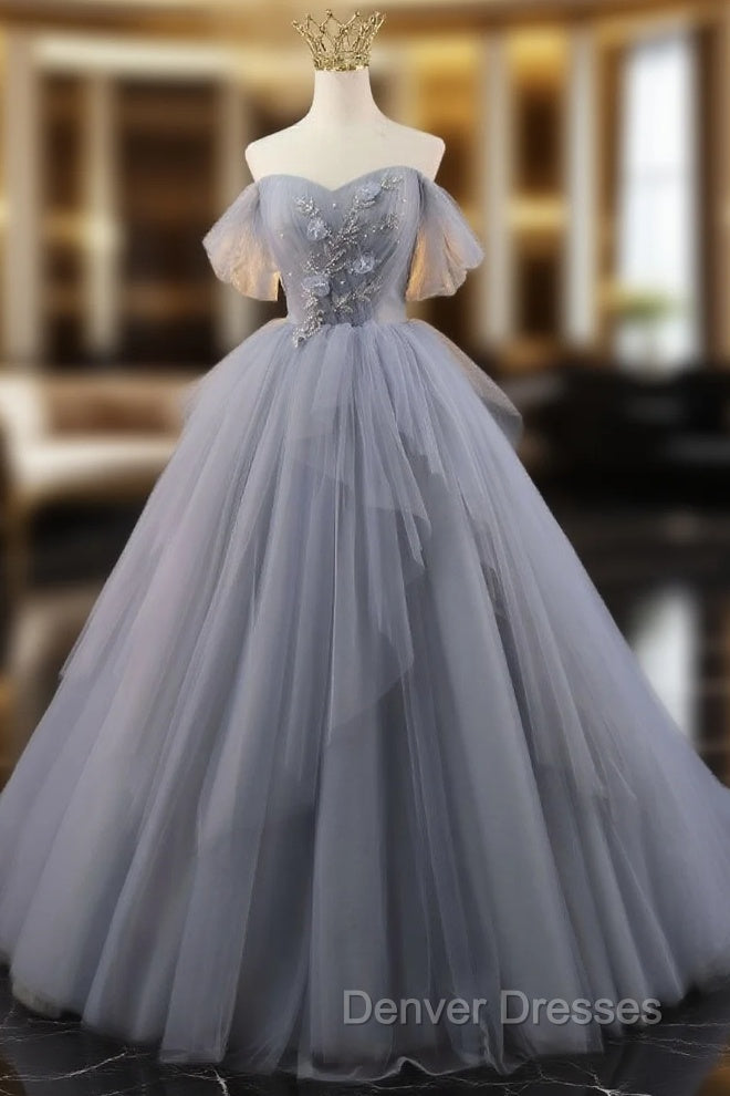 Gray Tulle Off the Shoulder Pleats Beading Prom Dress Main image