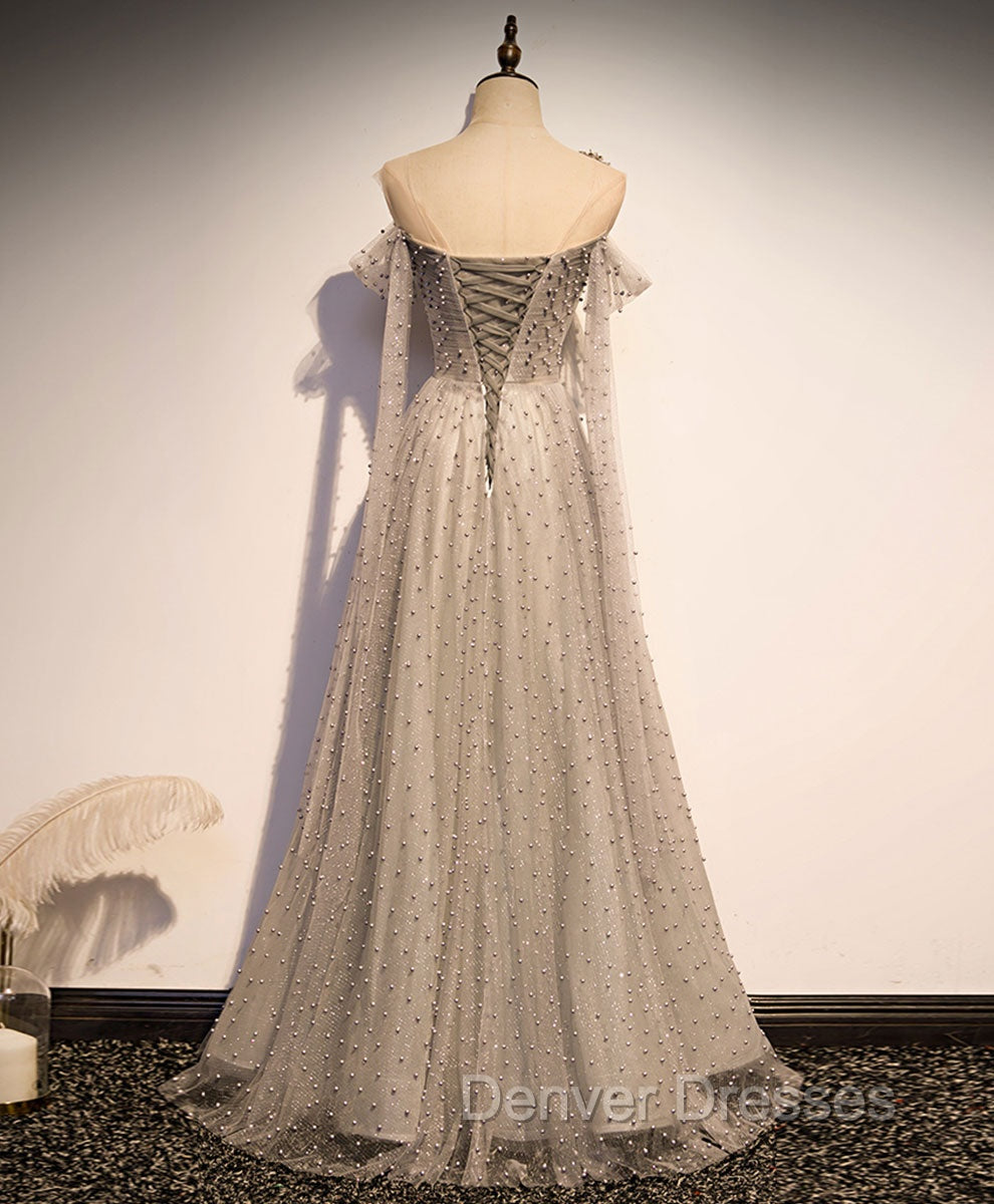 Gray Tulle One Shoulder Long Prom Dress, Gray Formal Graduation Dress with Beading Secondary image
