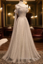 Gray Tulle One Shoulder Long Prom Dress, Gray Formal Graduation Dress with Beading