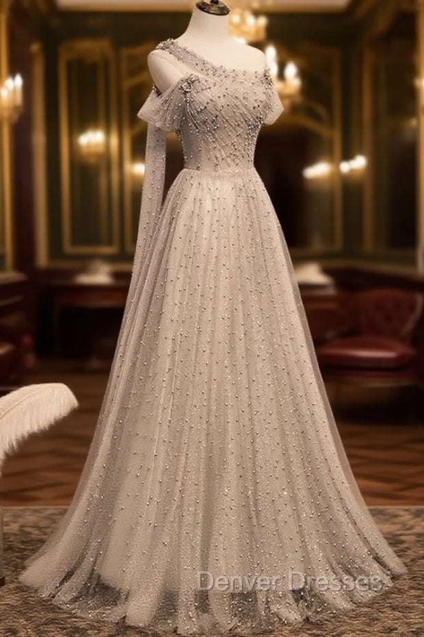 Gray Tulle One Shoulder Long Prom Dress, Gray Formal Graduation Dress with Beading