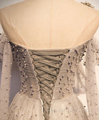 Gray Tulle One Shoulder Long Prom Dress, Gray Formal Graduation Dress with Beading