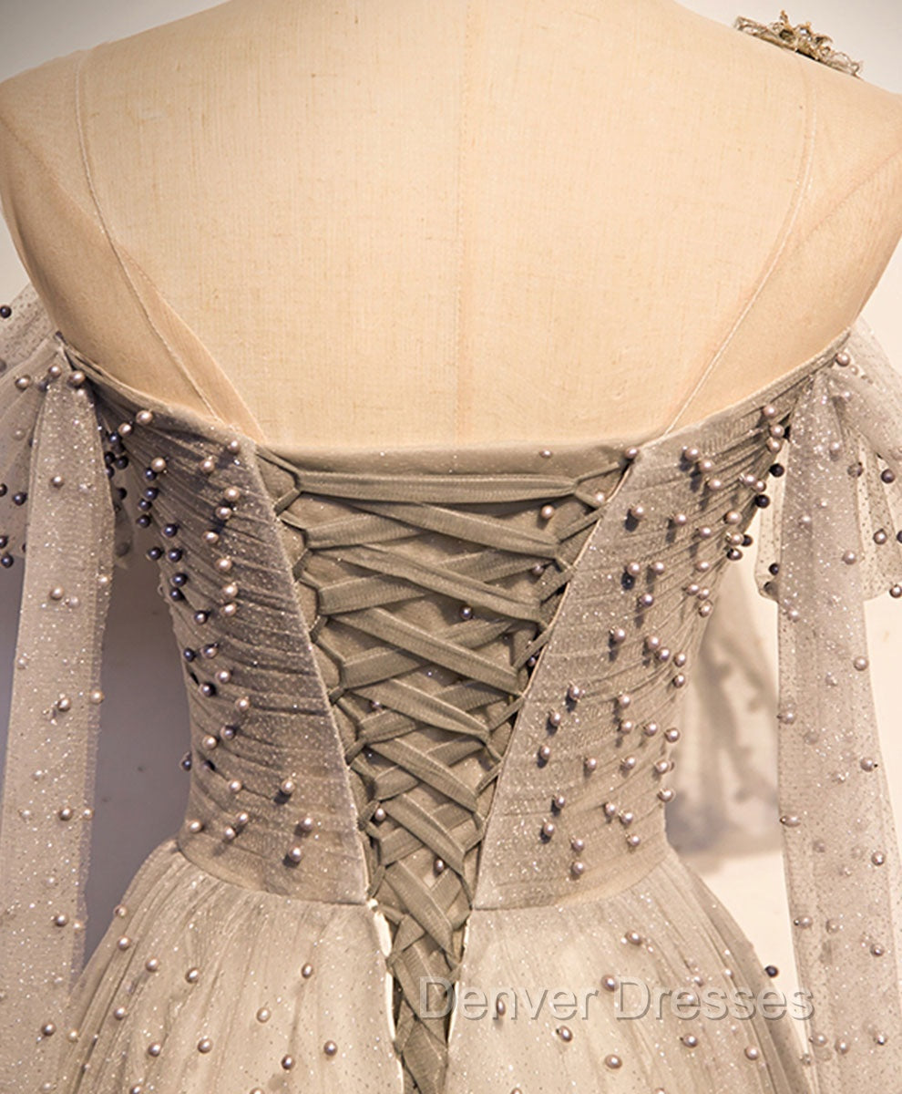 Gray Tulle One Shoulder Long Prom Dress, Gray Formal Graduation Dress with Beading